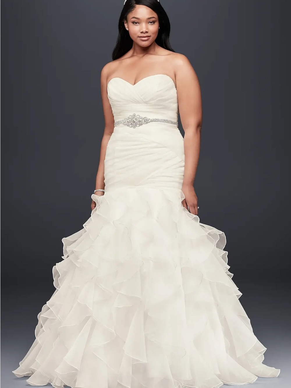 David's Bridal Strapless Ruffled Organza Gown in Ivory with Beaded Waist